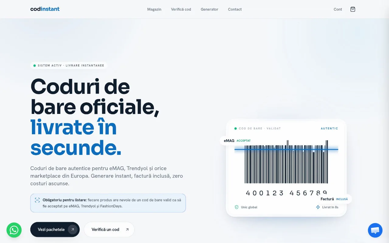 Captură din site-ul codinstant.ro — Coduri de bare conforme marketplace