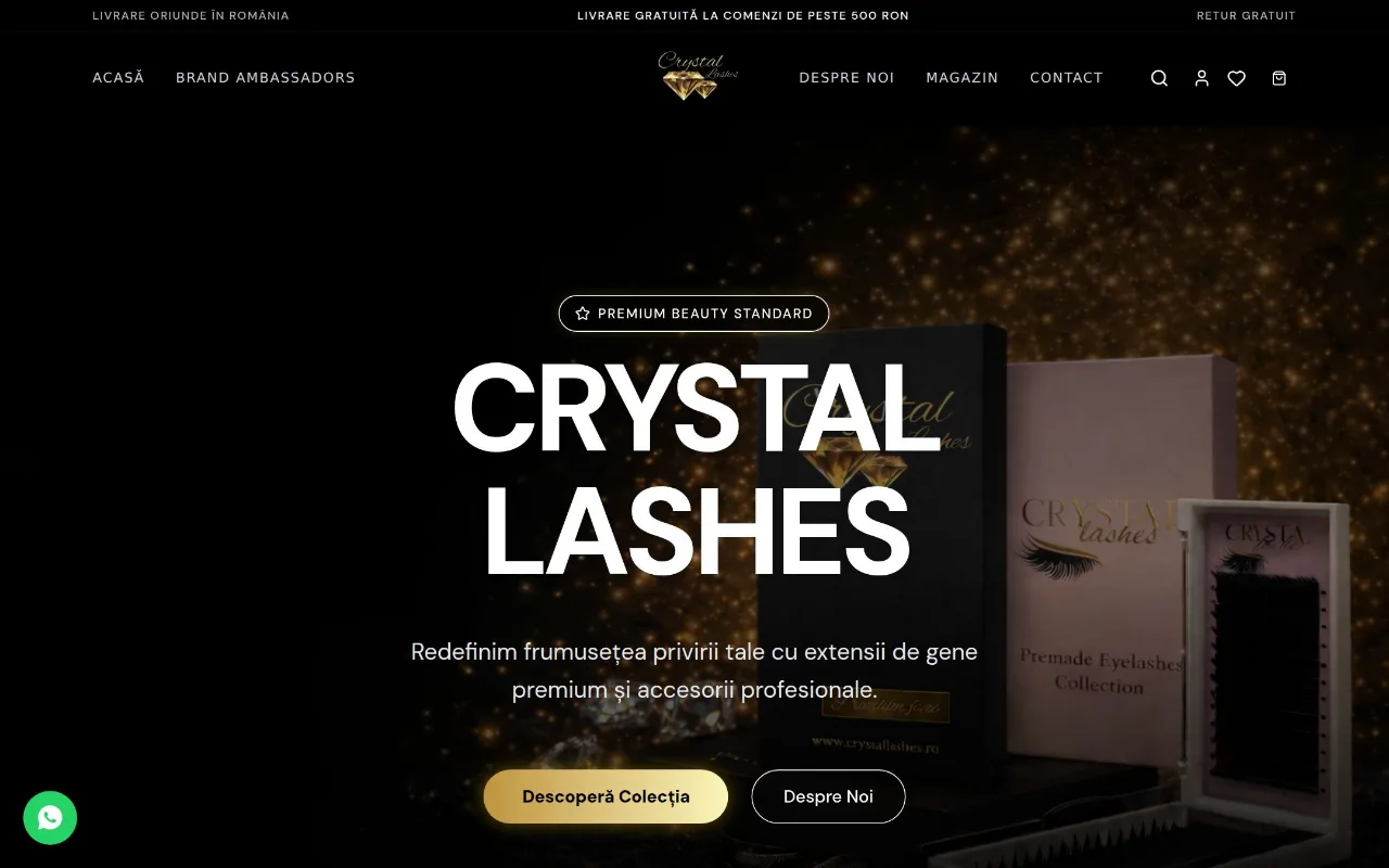 Captură din site-ul crystallashes.ro — Extensii de gene premium