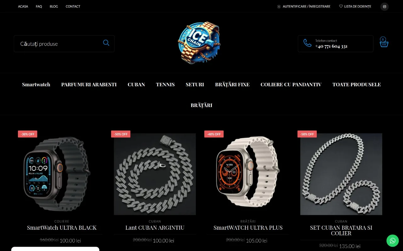 Captură din site-ul icechain.ro — Accesorii pentru femei și bărbați