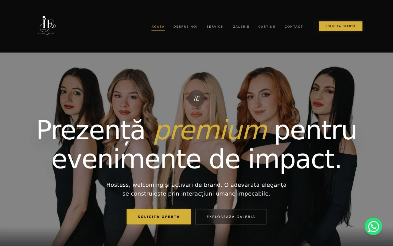 Captură din site-ul infinity-events.ro — Servicii hostess și evenimente