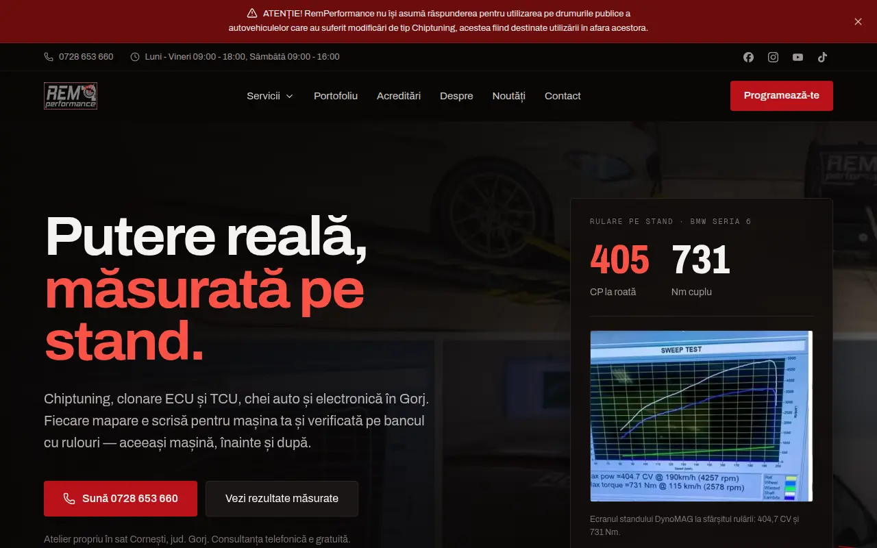 Captură din site-ul remperformance.ro — Remapări și upgrade-uri auto